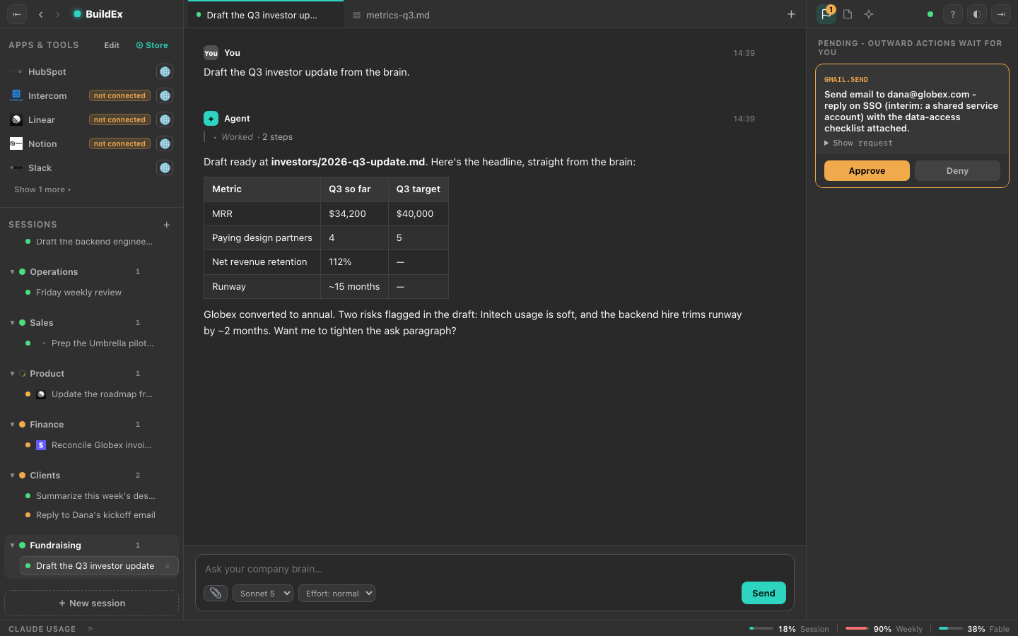 The BuildEx console: apps and sessions down the left, an AI chat in the middle answering from the company brain with a live Q3 metrics table, and an outward email to a client held in the Pending tray on the right with Approve and Deny.